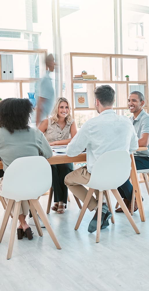 Startup, business meeting and office busy with creative happy team of men and women working on marketing project together. Vision, collaboration and motion, teamwork mission for fast business success