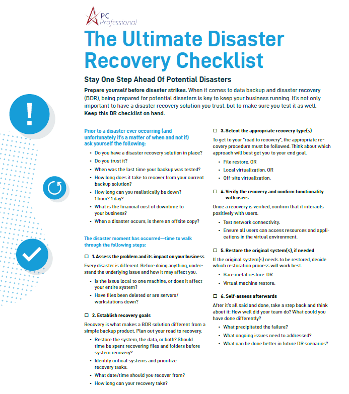 PC Professional’s disaster recovery checklist with six steps to prepare and restore business data systems