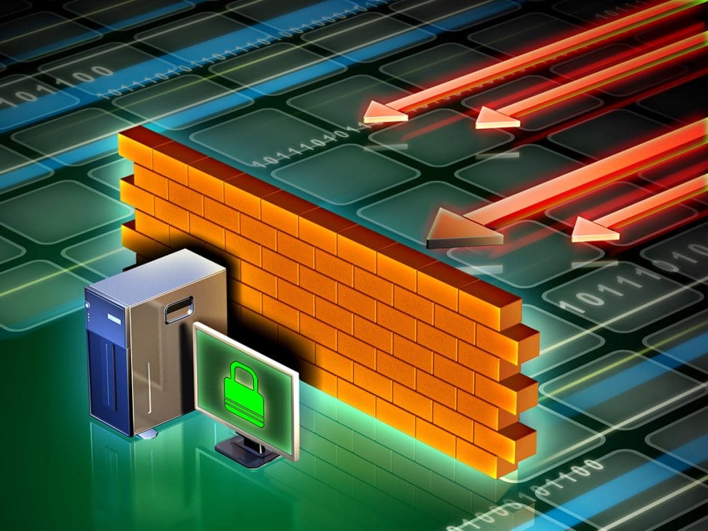 A graphic of a set of incoming data being blocked by a firewall.