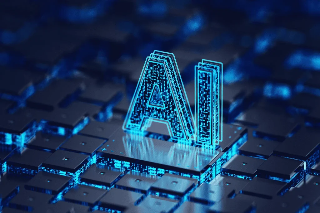 Glowing AI letters on a digital circuit board, symbolizing generative AI technology for small business solutions